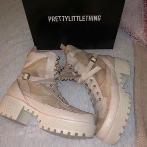 Pretty Little Thing Khaki Biker Boots (never worn)